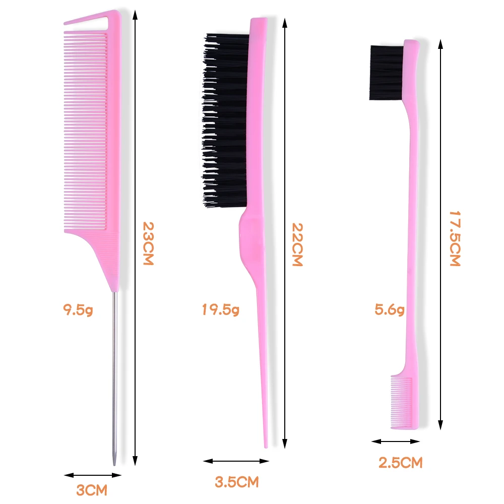 3Pcs/Set Teasing Brush Rat Tail Comb and Edge Brush Salon Hair Styling Comb Set for Women