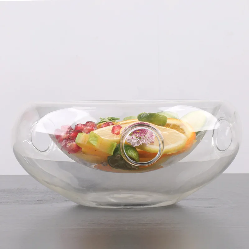 Reusable Heat Resistant Round Clear Double Layer Glass Bowl Fruit Bowls Salad Bowl for Restaurant Bar
