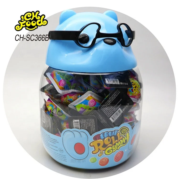 Halal Fruit Flavor Roll Gummy Candy in Glass Bear Bottle Factory Wholesale and OEM Soft Candy Sweets for Kids