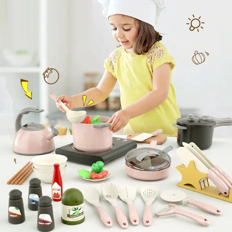 31pcs Mini Simulation Induction Cooker Cooking Toy Set Girl Kids Kitchen Toy Cooking Cookware Kit Chef Pretend Play House Toys
