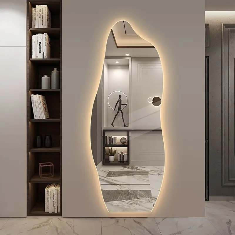 Smart LED Backlit Frameless Glass Irregular Shape Mirror for Interior Bedroom Dressing & Living Room Wall Hanging Decoration