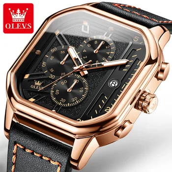 OLEVS 9950 Customized Genuine Leather Waterproof Quartz Wristwatch   Fashion Square quartz Watch For Men