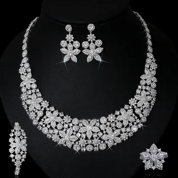 Fashion Dubai Jewelry Sets Zircon Flower Bride Wedding Ring Necklace Bracelet Earrings Jewelry Sets For Women