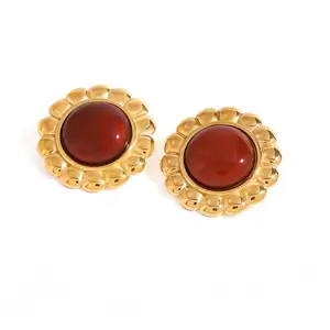 Vintage European American Style Red Agate Flower Shape Earring 18K PVD Gold Plated Stainless Steel Stone Stud Earring Trendy