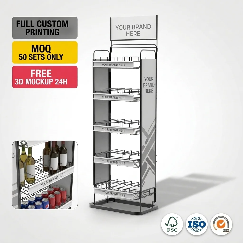 Wholesale Custom Brand Floor Standing Metal Wire Beverage Display Rack Gravity Feed Beer Wine Bottle Soft Drink Promotional Rack