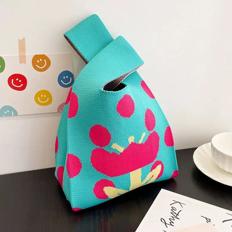 Small Folding Style Multi-Use Shopping Tote Bag Custom Cartoon Patterns Knitted Fabric Bag