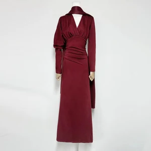 Factory Wholesale Designer Fashion Long Dress Women Autumn Winter V-Neck Long Sleeve With Scarf Socialite Parties Office