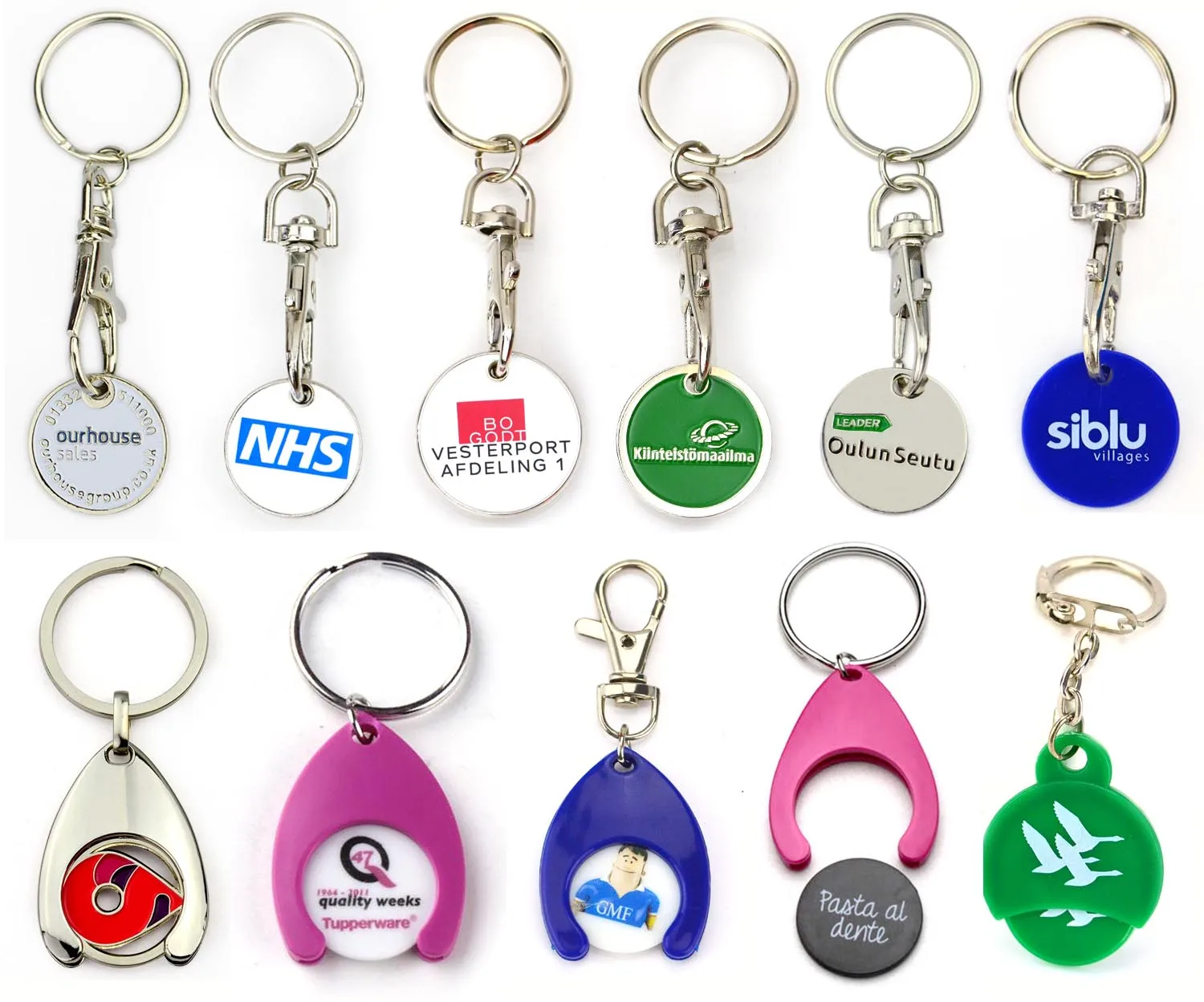 Customized Design 2D Metal Euro Trolley Coin Keychain Supermarket Shopping Cart Locks 2x2 Trolly Token Coin Key Ring