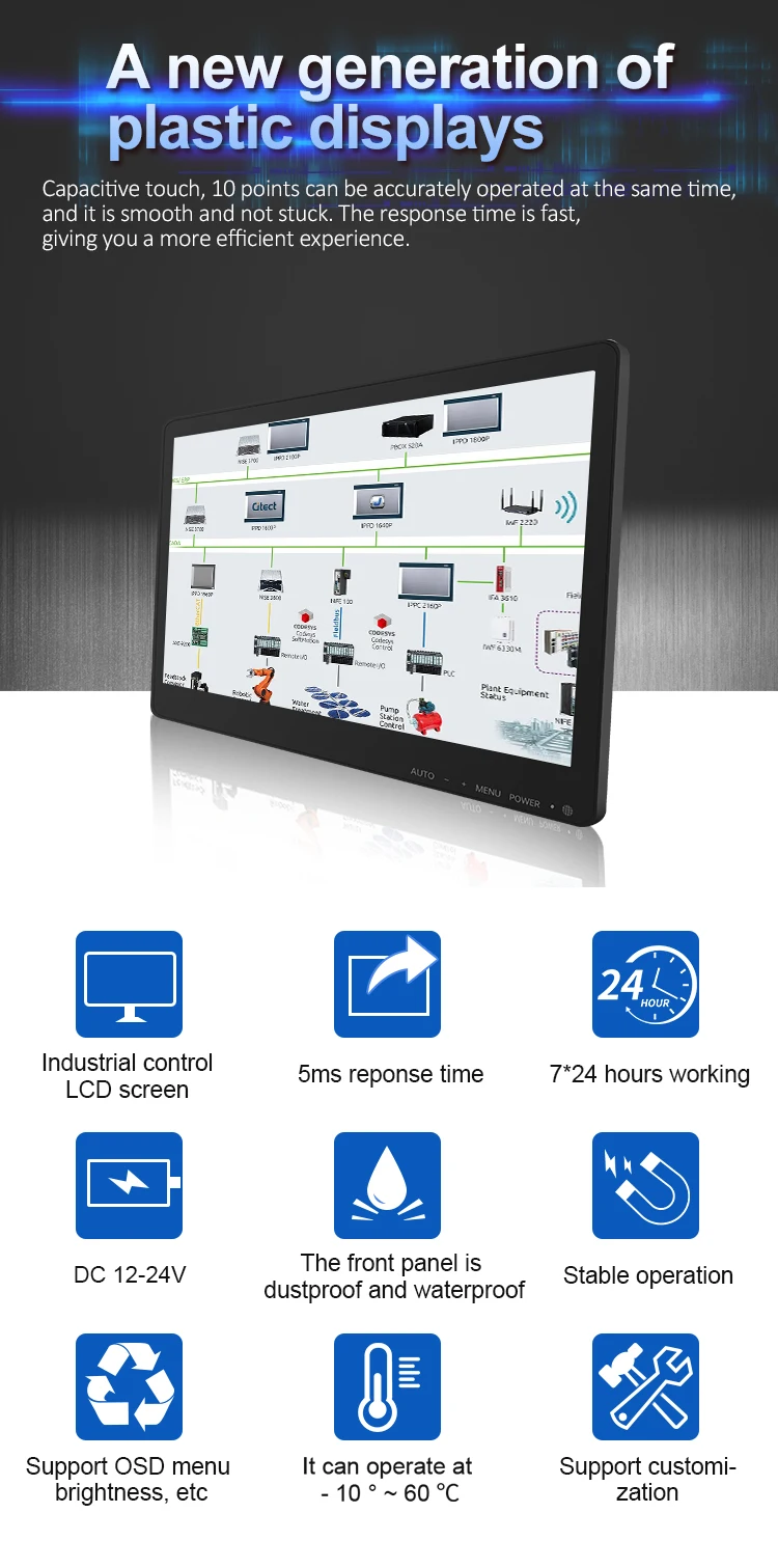 15.6 Inch VGA Cable Plastic case True Flat 10 Point Touch Screen/non-touch Monitor for Industrial Equipment