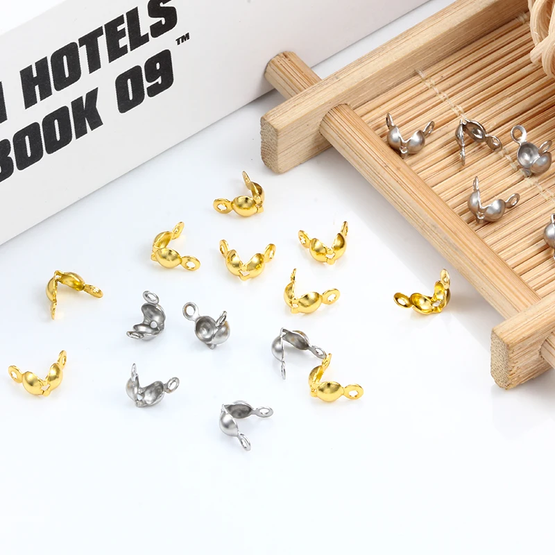 LQ Industrial Clamshell 200PCS 4x7mm/0.16 X 0.28inch Crimps Beads End Clasp Connector Bead Tip Cord Ends Knot Cover With 2 Closed Loops For Bracelet Necklace Jewelry Making DIY Craft Silver