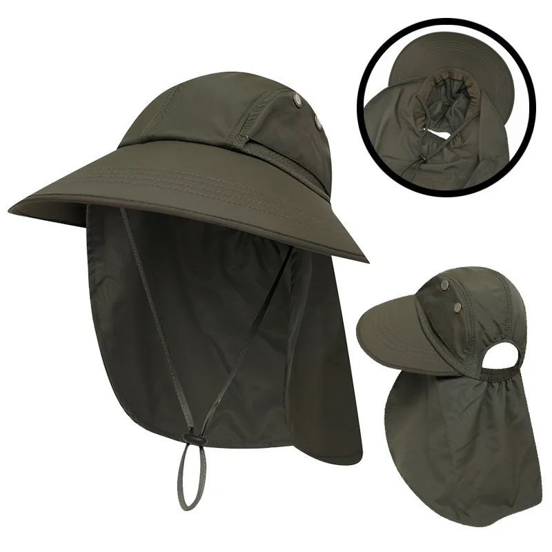 Sun UV Protection Outdoor Hunting Hiking Fishing Fast Dry Cap Wide Brim Windproof Bucket Hat With Neck Flap Adjustable String
