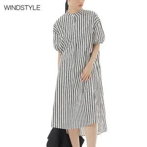 Women's Large Size Side Slit Dress European American Style Loose Slim Vertical Design 100% Cotton Knee-Length Solid Summer