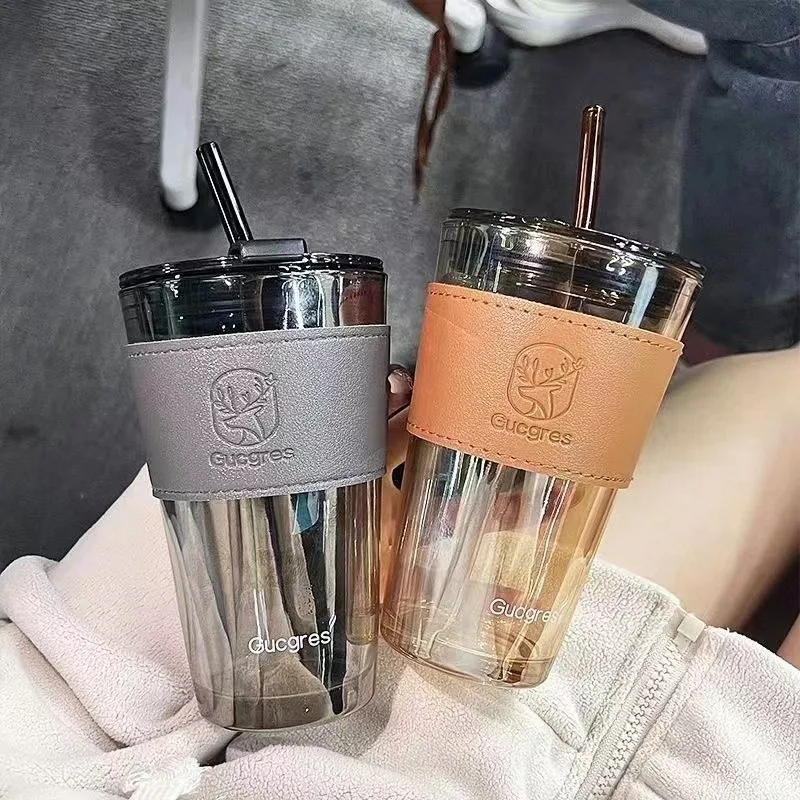 Ins Custom Logo Leather Straw Tumbler 450ml High Quality Glass Tumbler
