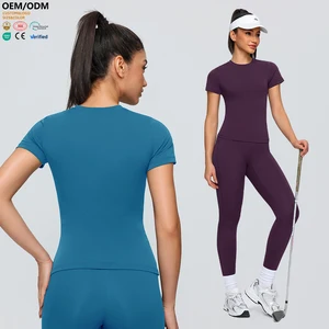 XW-52239 Apparel Slimming Yoga High Quality Gym Clothing Custom Breathable Round Neckline Fitness Tshirt Women's Sports Top