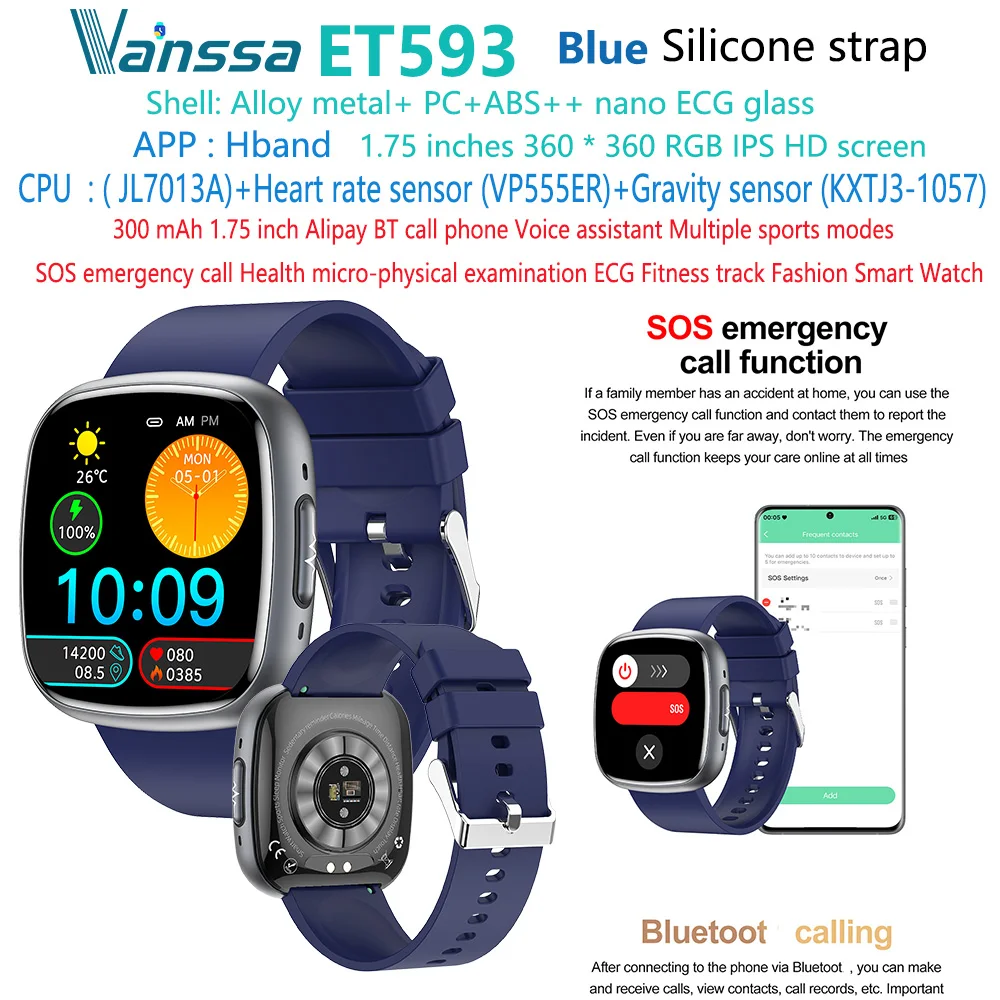 Vanssa ET593 Smartwatch IP68 Waterproof ECG Monitor