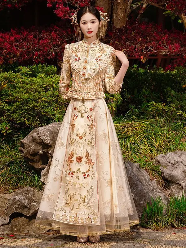 sachin and babi light blue dress S2341L New Style Champagne Gold Tassels Embroidery Pattern Xiuhe Clothing  Velvet Chinese Classical Formal Elegant Wedding Dress| Alibaba.com