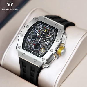 TSAR BOMBA Seiko Sapphire Mens Watches Japanese Quartz Stainless Steel Case Silicone Band Fashion Business Style Tonneau Design
