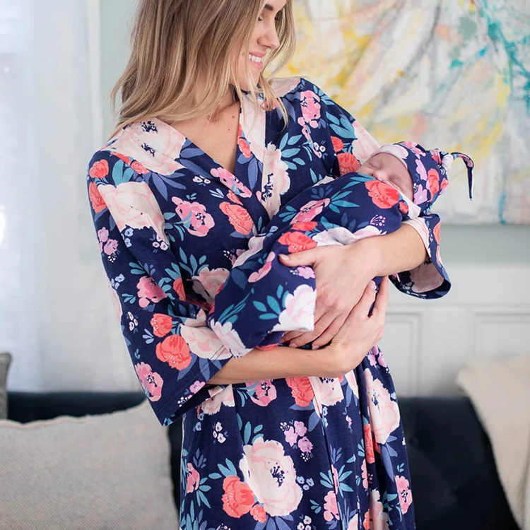 Bamboo Maternity Robe And Baby Swaddle Mothers Nursing Robe Set