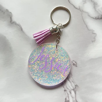 ROUND LEATHER KEYCHAIN - PINK GLITTER