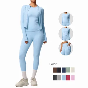 Skin-Friendly Breathable Slimming Fitness Zipper Jacket Lightweight Yoga Pocket Trousers with Long Sleeve Solid Color Sport Set