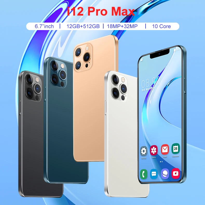 
Смартфон i12 Pro Max +, 6,7 дюйма, 12 + 512 ГБ, Android, 10 ядер, 5G LET phone 3, камера MTK6889, распознавание лица, разблокированный мобильный телефон 