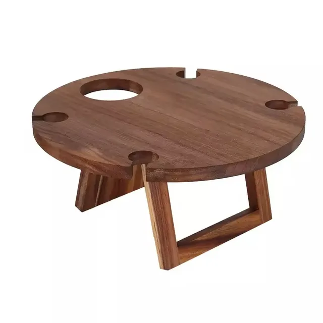Factory made Portable Solid Acacia Wooden Round Wine Outdoor Folding Picnic Table with 4 Wine Glass Holder
