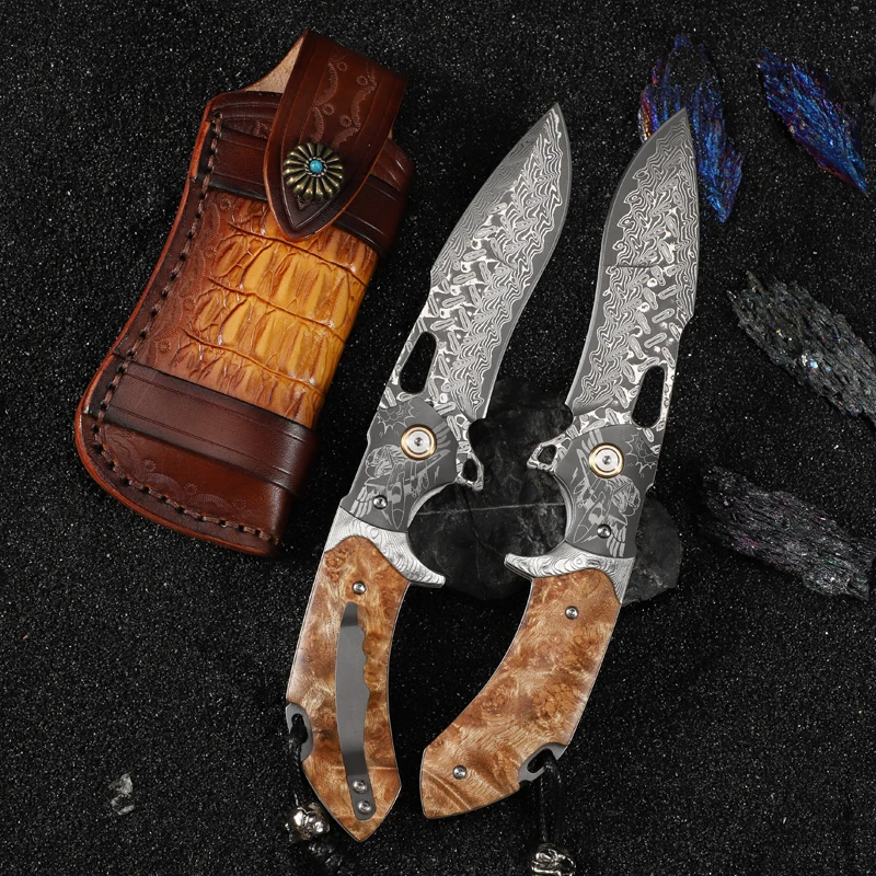 Flying Eagle-Navigator High Quality Damascus Folding Pocket Knife Sheath D2 Steel Blade Wood Handle Outdoor Use OEM