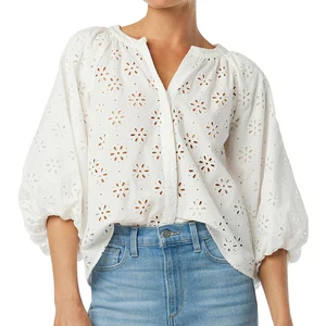 Customize Based Style Three-quarter Puff Sleeves Regular Solid Casual Eyelet Cotton Button-Up Comfy Shirt Top Women