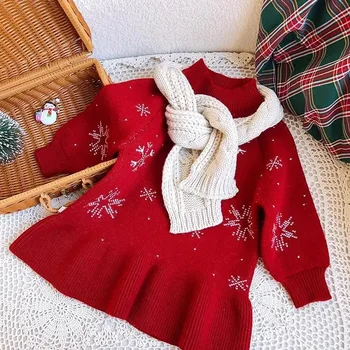 Girls' wool knitted dress winter clothes children's long-sleeved New Year Christmas skirt baby fashionable princess dress