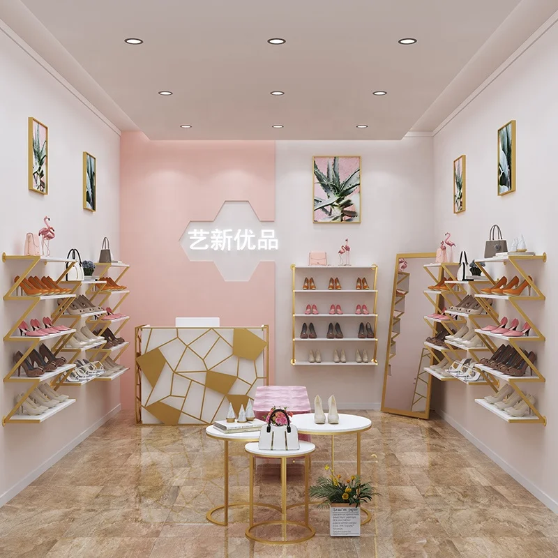 Modern Boutique Clothing Store Wall-Mounted Shoe Rack with Stainless Steel & Wood Shelves- Display Stand