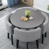 Mesa redonda gris + cuatro sillas tela gris claro