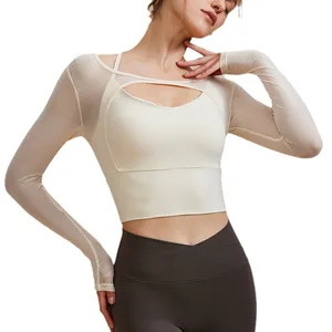 Women's Sheer Mesh Yoga Long Sleeve Top Sexy Cutout Fake Two-Piece High Elastic Nylon Activewear Breathable Gym Workout Crop Top