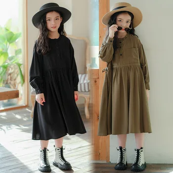 Factory Sale Children Long sleeved Dress 2024 Spring Autumn New Korean Edition Waist Standing Collar Lined Dress for Kids Girls