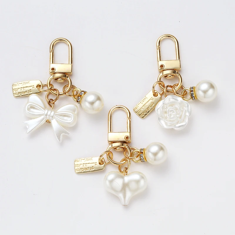 Fresh Creative New Pearl Alloy Keychain Pendant Bow Lock Key Accessories with Heart and Bag Made of Durable Acrylic Plastic