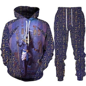 Factory direct sales of cross-border new pharaoh's favorite concubine 3D printing men's hooded sweatshirt + sweatpants casual se