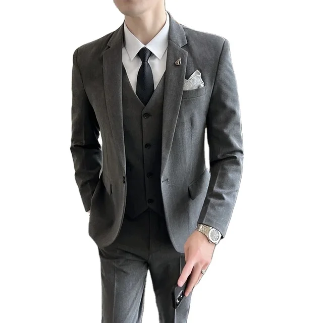 Fashionable slim fit men's suit set business single button solid color formal suit set groom's three piece set European M-6XL