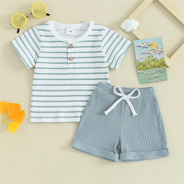 Cotton Striped Print Button Short Sleeve T-shirts Shorts Casual Baby ...