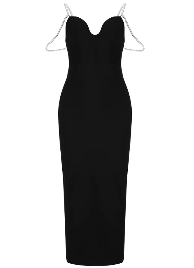 Ocstrade Latest Elegant Pearl Strap Plunge Low Cut Black Backless Side Slit Midi Party Dress Evening Women Casual Dresses