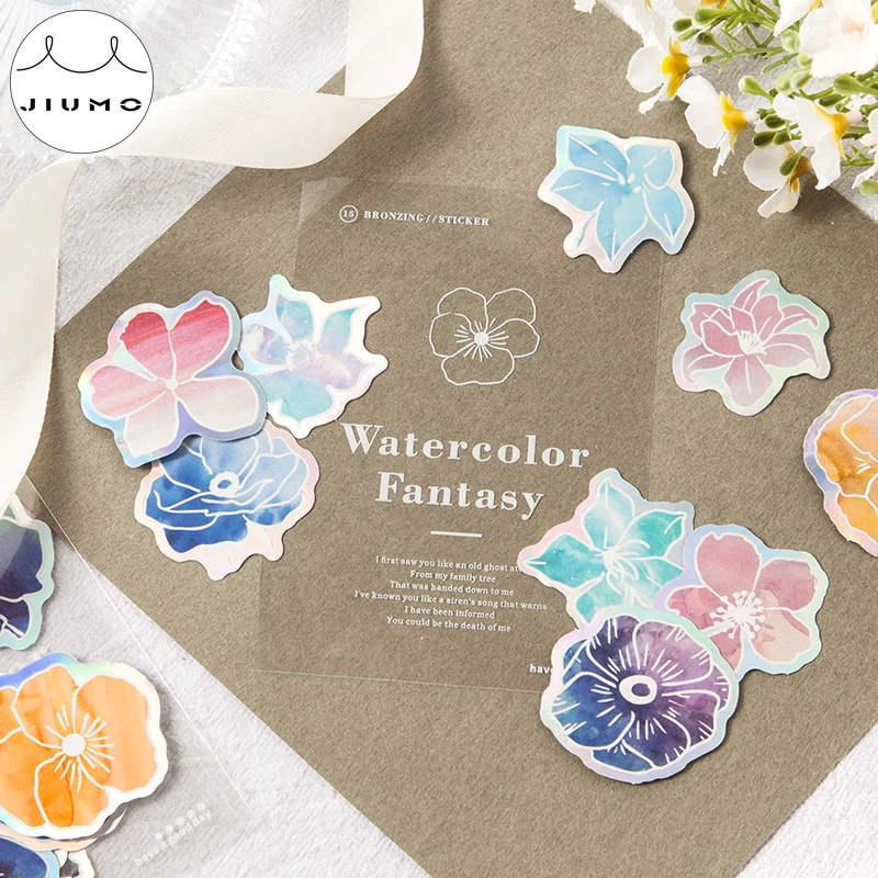 8 Designs 30pcs Watercolor Fantasy Series Laser Sticker Pack Creative Stationery Plant Flowers Collage Decoration Sticker JIUMO