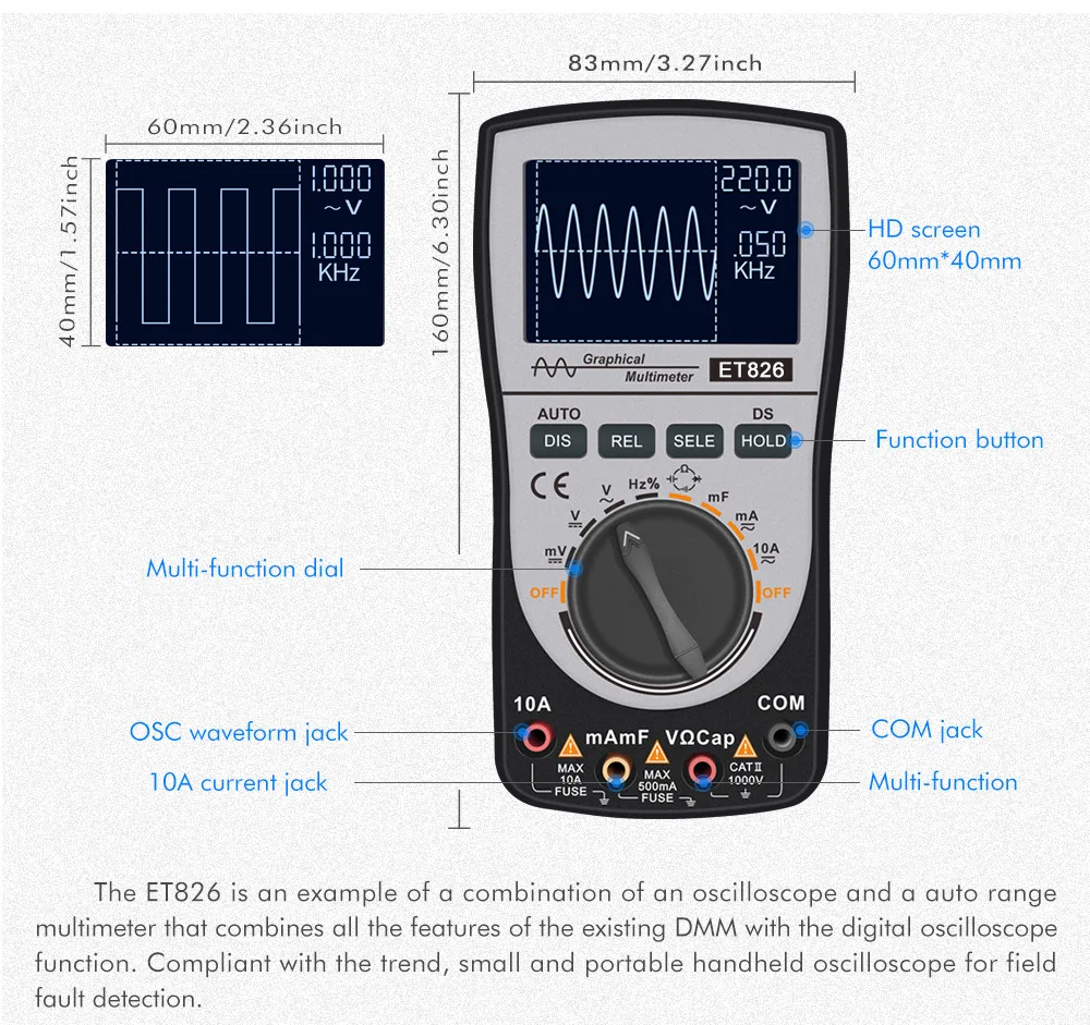 2-в-1 интеллигентая (ый) цифровой осциллограф ET826 мультиметр переменного тока/постоянного напряжения переменного тока Частотный диод тестер 4000 отсчетов