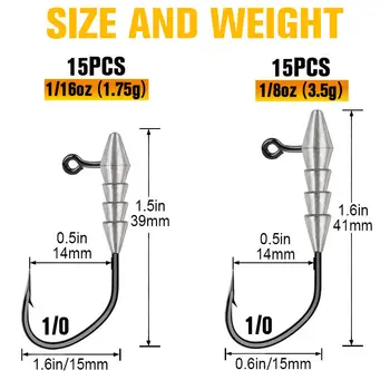 CHEERY 15pcs/bag Lead Jig Heads 1/0 Size Barbed Hooks for Catfish Bass Trout Saltwater & Freshwater Lure Fishing – Metal Jig – view 3