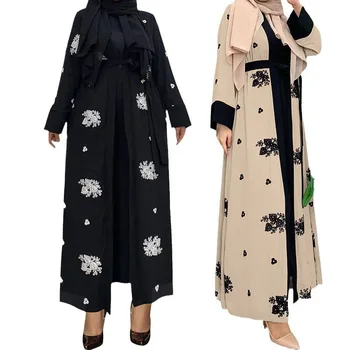 Wholesale Traditional Muslim Clothing Accessories Abaya Dress Women Black Lace Kimono Open Front Embroidered Chiffon Two Piece