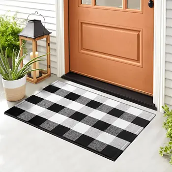 Amazon Best selling products Custom Outdoor Patio Black and White Cotton Woven Washable Buffalo Plaid Checkered Rug