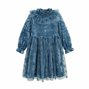 Girl Child Dress Blue Velvet Fashion High Quality Girls Dresses Kids Lace Dress Design