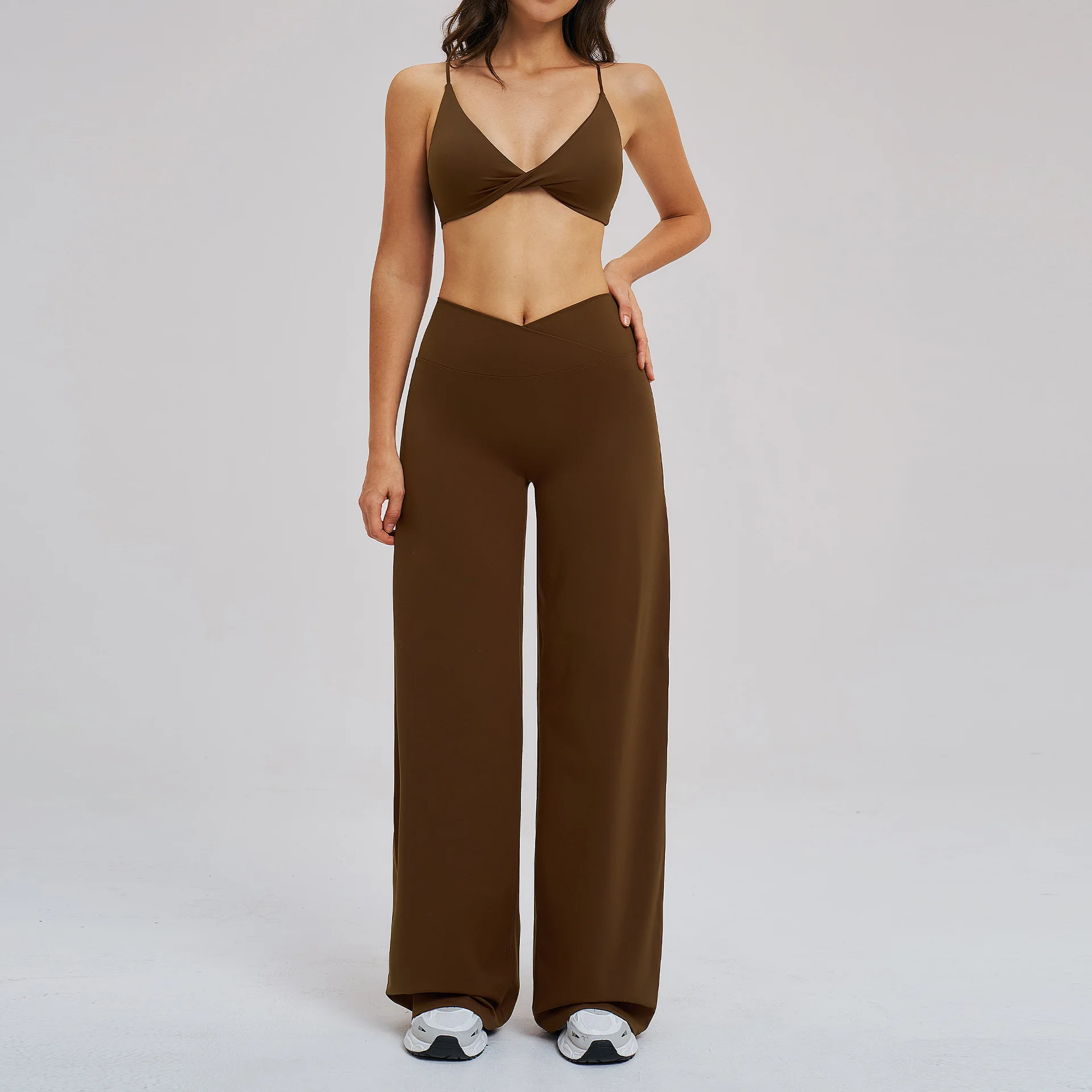 Style Brushed Solid for Yoga Suit Cross Waist Sports Wide Leg Fitness Outdoor Running Wo