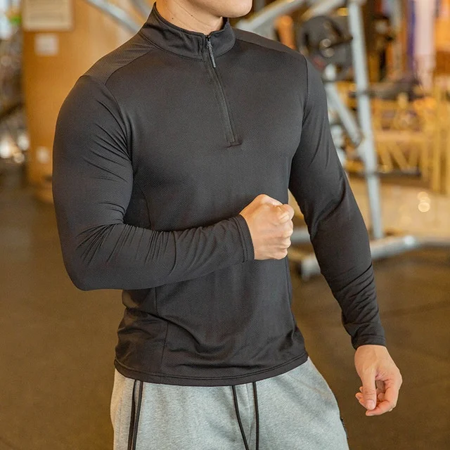 Custom logo Compressed High Elastic Half Zipper Long Sleeve Shirts Gym Bodybuilding Wear Shirts for Men