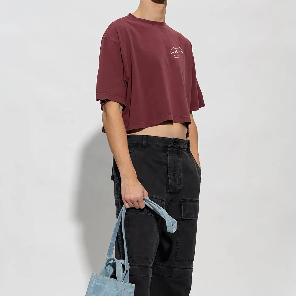 JL0311B Wholesale Bulk Men 230G Drop Shoulder Cropped T Shirt Emboss Print Crop Boxy Drop Shoulder T-Shirt Men