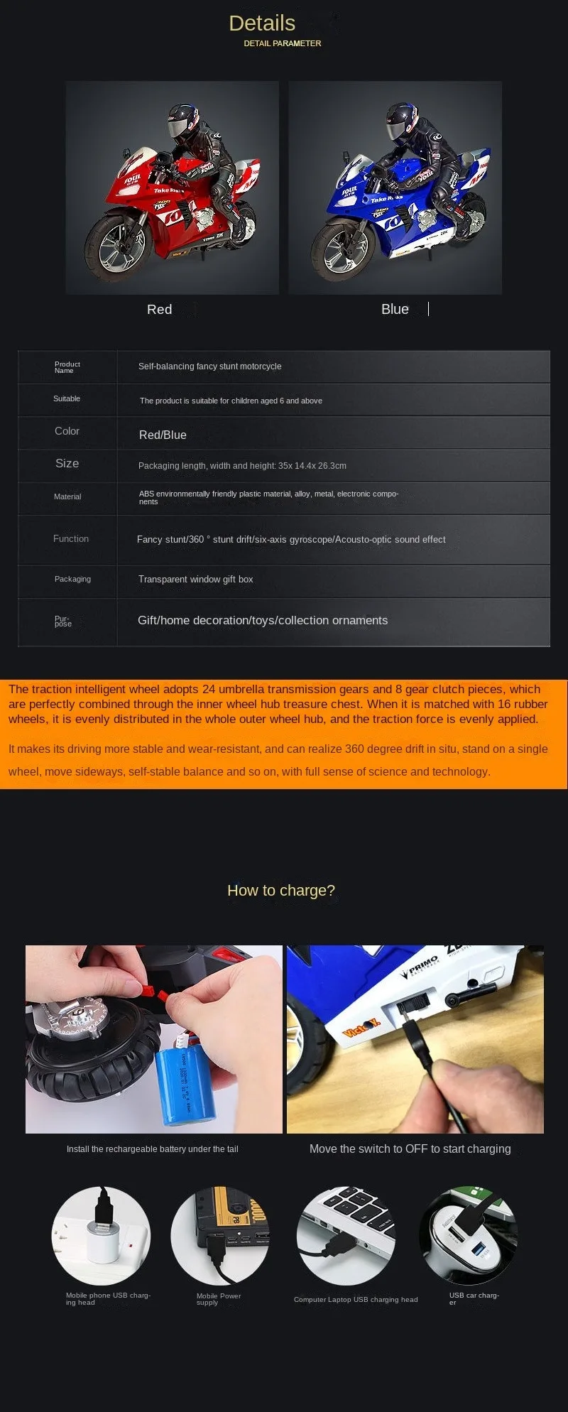 Aijh 1/6 Rc Motorcycle Stunt Toys Remote Control Motorcycle With 6axis