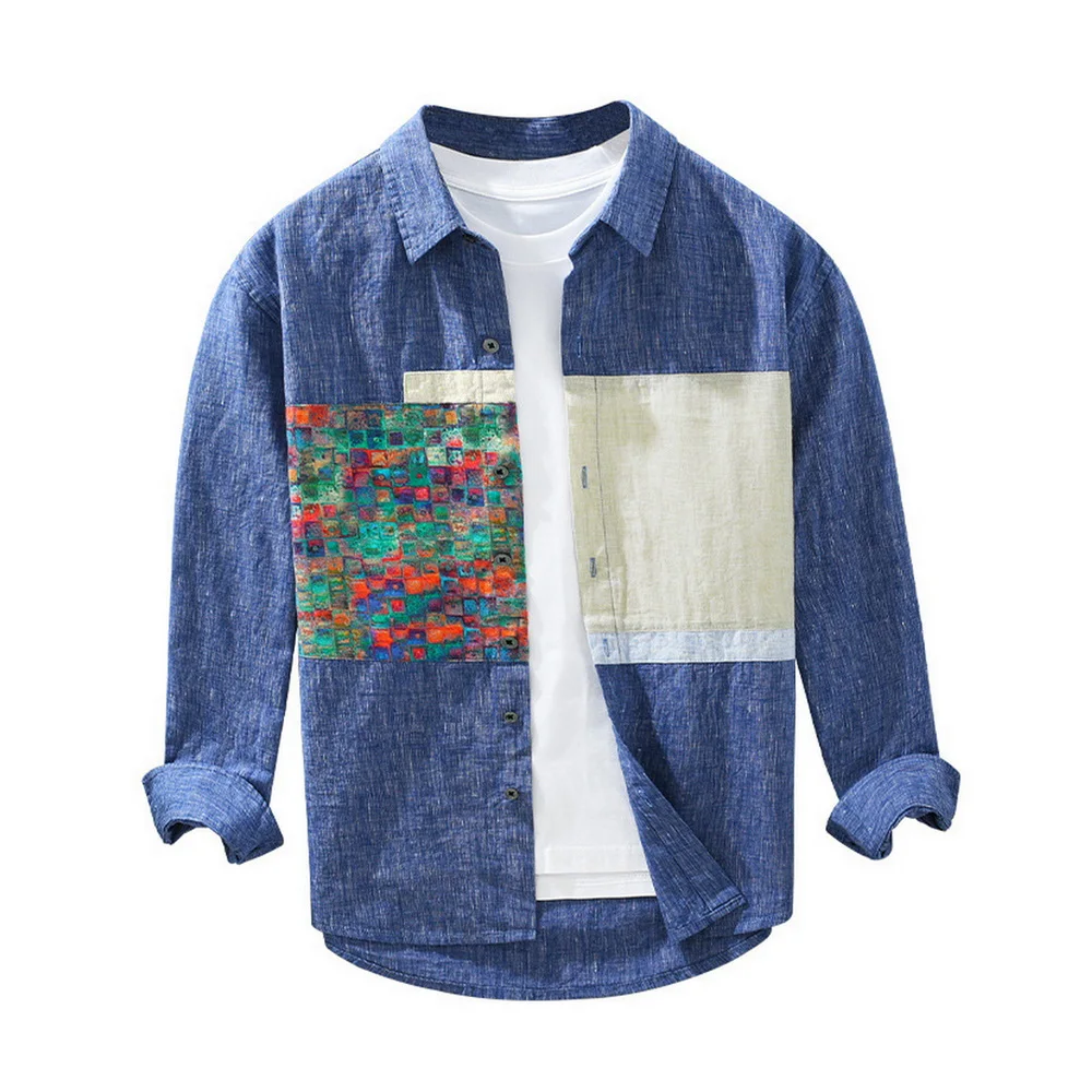 2025 New Design High Quality Casual Buttons Pure Linen Long Sleeve Shirts For Men Patchwork Linen Shirt_voghion.com