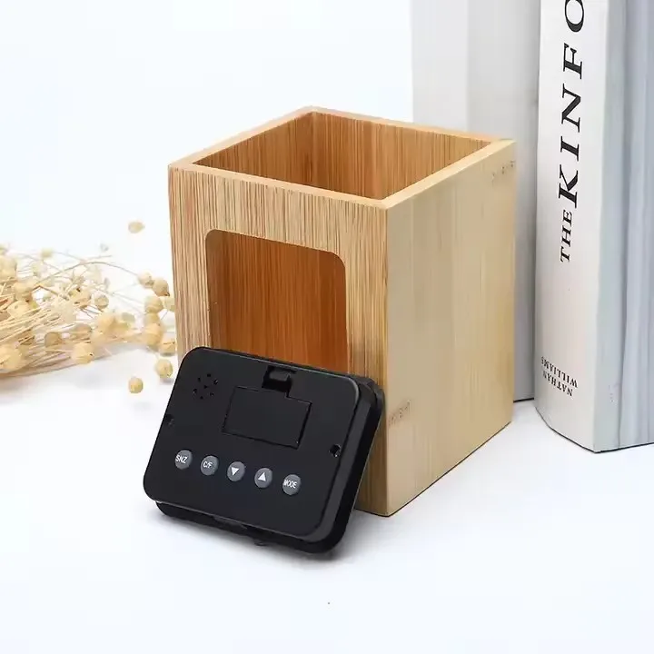Multifunction Promotional Gift Bamboo Made Electronic Digital Alarm Pen Holder Table Desk LED Clock